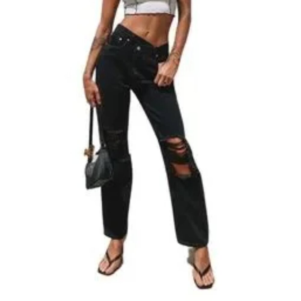 Glassons Jeans Asymmetrical Crossover Waist Straight Black Distressed Goth Sz 10